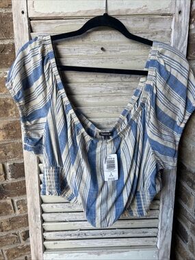 NWT Torrid Blouse 3X Blue Cream Cropped Smocked Waist Off Shoulder Linen Blend